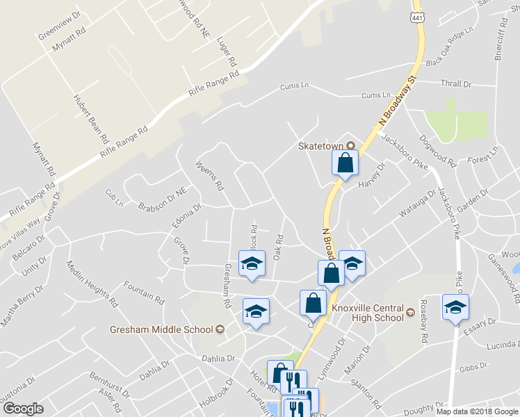 map of restaurants, bars, coffee shops, grocery stores, and more near 3112 Edonia Drive in Knoxville