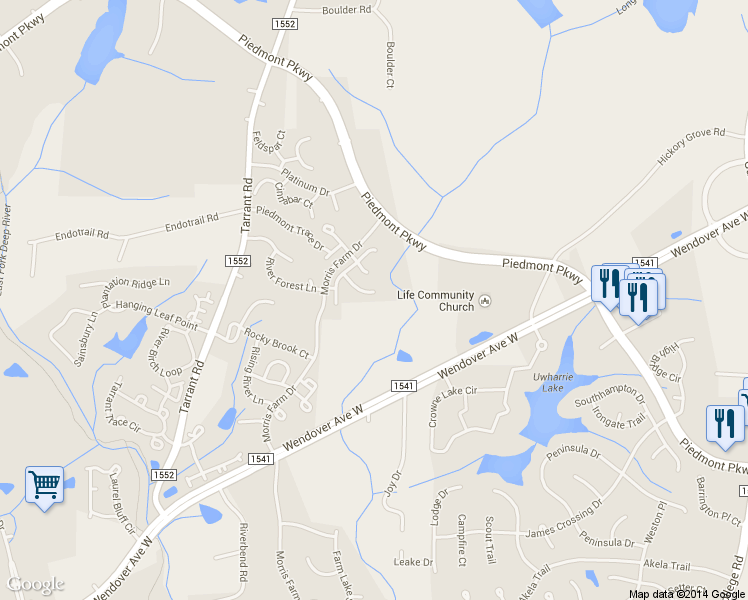 map of restaurants, bars, coffee shops, grocery stores, and more near 4630 Village Square Court in Greensboro