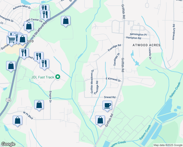 map of restaurants, bars, coffee shops, grocery stores, and more near 2449 Griffith Meadows Drive in Winston-Salem