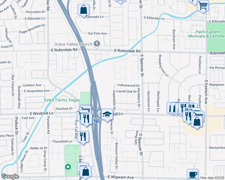 map of restaurants, bars, coffee shops, grocery stores, and more near 7951 Aspendale Drive in Las Vegas