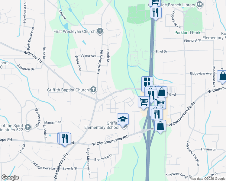 map of restaurants, bars, coffee shops, grocery stores, and more near 1380 Heritage Pointe Drive in Winston-Salem