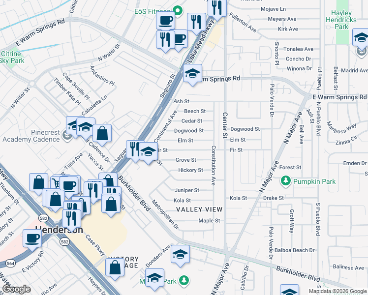 map of restaurants, bars, coffee shops, grocery stores, and more near 129 Fir Street in Henderson