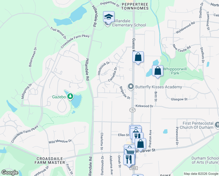 map of restaurants, bars, coffee shops, grocery stores, and more near 6 Aster Drive in Durham