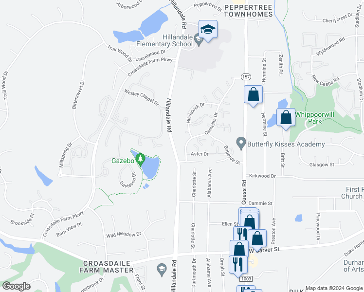 map of restaurants, bars, coffee shops, grocery stores, and more near 4 Aster Drive in Durham