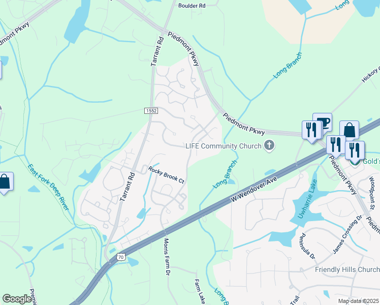 map of restaurants, bars, coffee shops, grocery stores, and more near 3801 Parkway Vista Drive in Greensboro