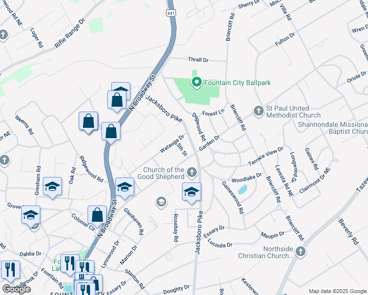 map of restaurants, bars, coffee shops, grocery stores, and more near 5507 5th Street in Knoxville
