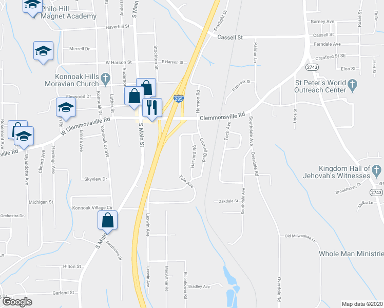 map of restaurants, bars, coffee shops, grocery stores, and more near 3616 Harvard Road in Winston-Salem