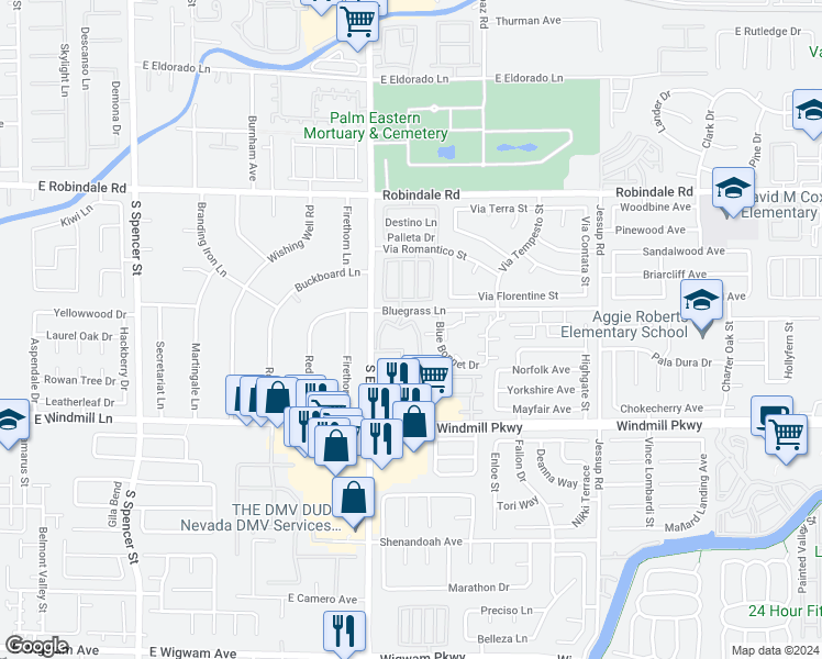 map of restaurants, bars, coffee shops, grocery stores, and more near 2975 Bluegrass Lane in Henderson
