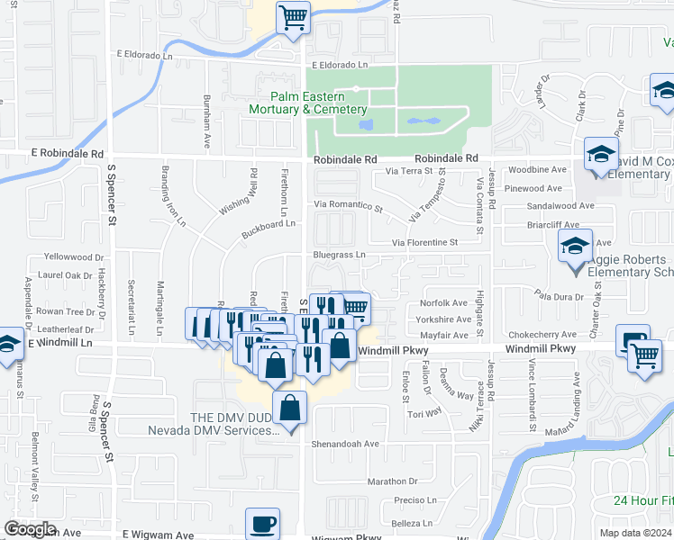 map of restaurants, bars, coffee shops, grocery stores, and more near 2975 Bluegrass Lane in Henderson
