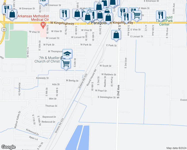 map of restaurants, bars, coffee shops, grocery stores, and more near 104 West Baldwin Street in Paragould