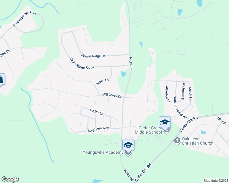 map of restaurants, bars, coffee shops, grocery stores, and more near 112 Mill Creek Drive in Youngsville