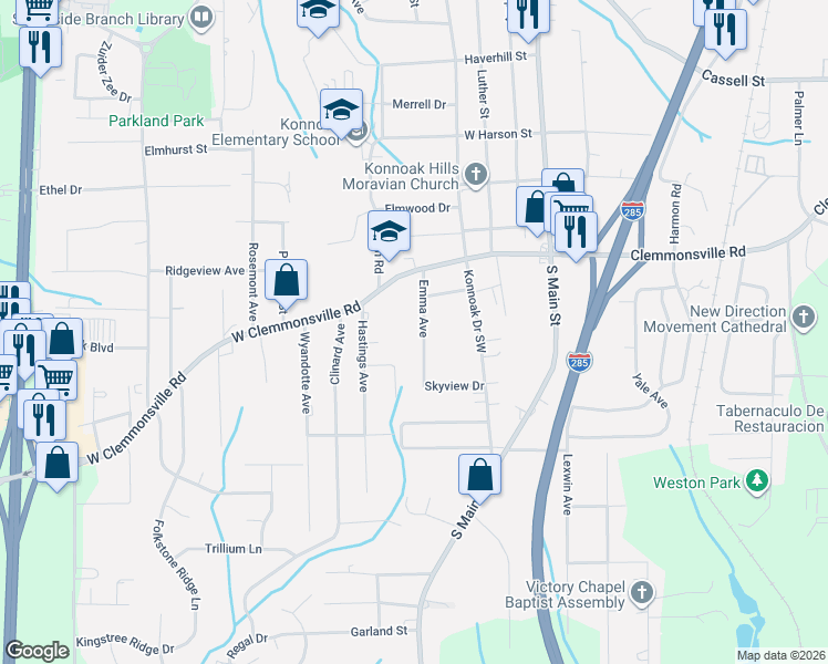 map of restaurants, bars, coffee shops, grocery stores, and more near 3661 Emma Avenue in Winston-Salem