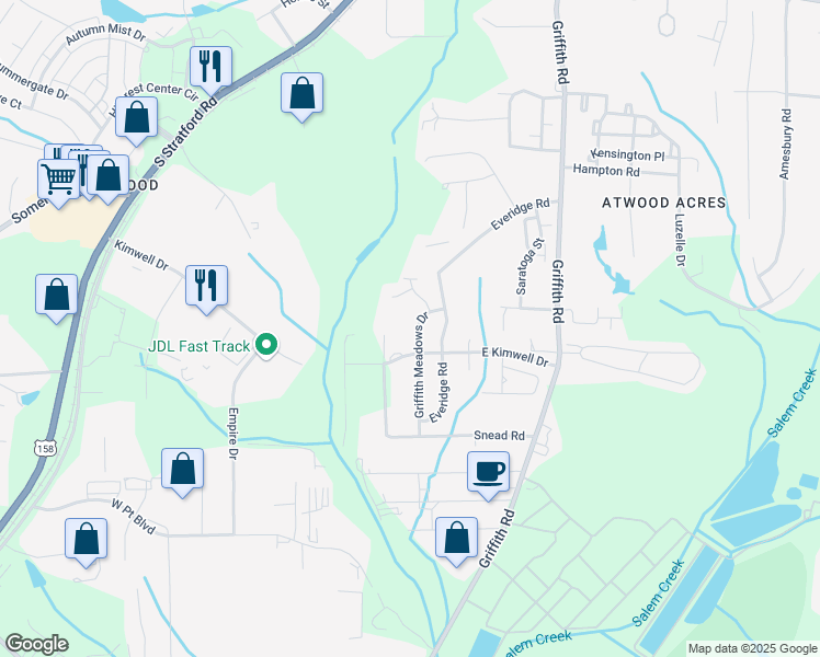 map of restaurants, bars, coffee shops, grocery stores, and more near 2430 Griffith Meadows Drive in Winston-Salem
