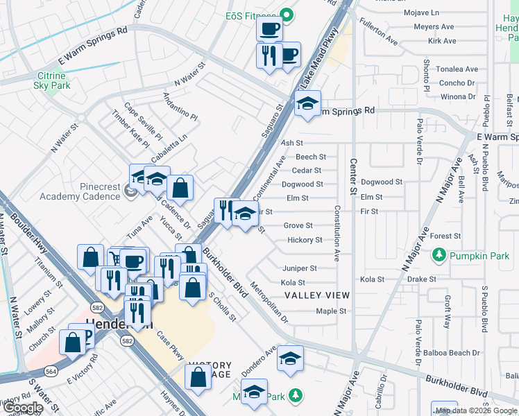 map of restaurants, bars, coffee shops, grocery stores, and more near 102 Fir Street in Henderson