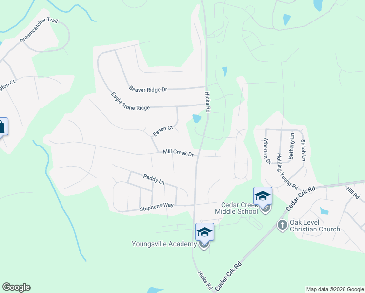 map of restaurants, bars, coffee shops, grocery stores, and more near 112 Mill Creek Drive in Youngsville