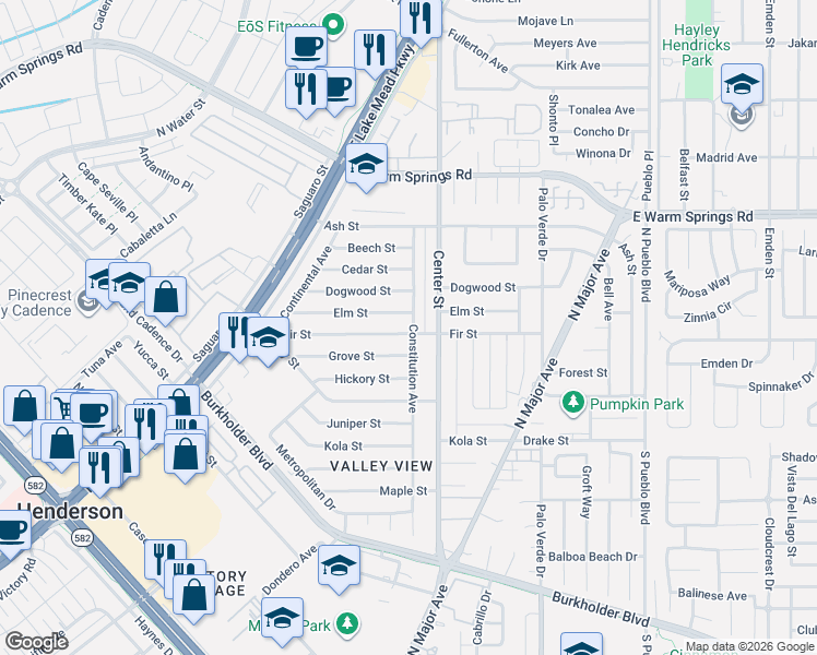 map of restaurants, bars, coffee shops, grocery stores, and more near 148 Fir Street in Henderson