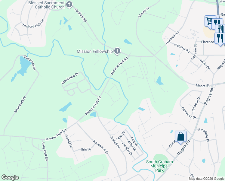 map of restaurants, bars, coffee shops, grocery stores, and more near 721 Aspenwood Drive in Graham