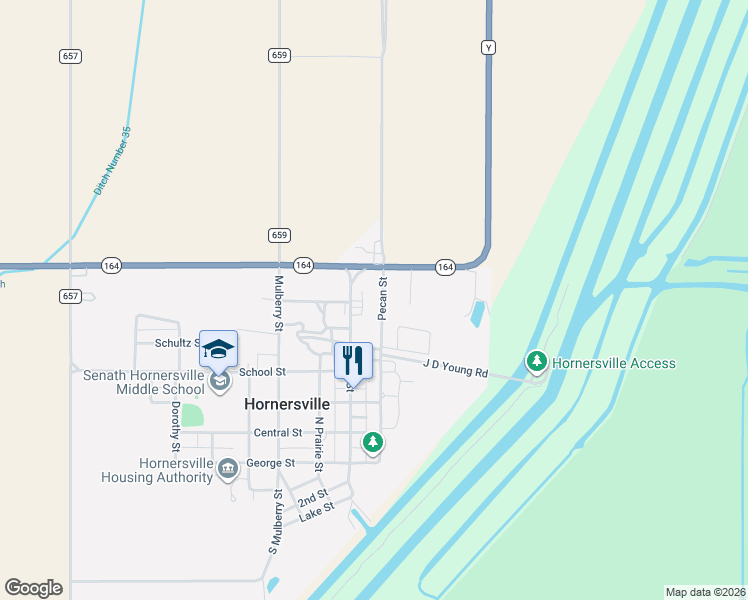 map of restaurants, bars, coffee shops, grocery stores, and more near 314-798 Pecan Street in Hornersville