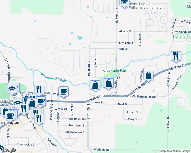 map of restaurants, bars, coffee shops, grocery stores, and more near 14 James Street in Farmington