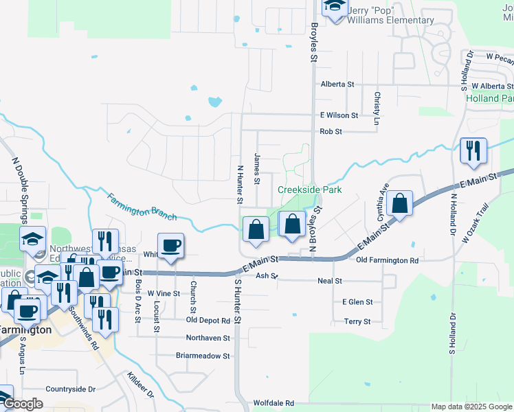 map of restaurants, bars, coffee shops, grocery stores, and more near 14 James Street in Farmington