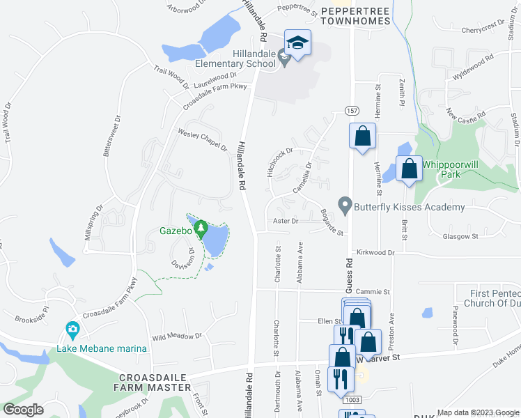 map of restaurants, bars, coffee shops, grocery stores, and more near 2415 Camellia Drive in Durham