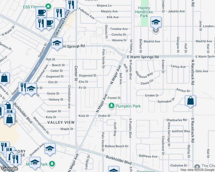 map of restaurants, bars, coffee shops, grocery stores, and more near 2 North Major Avenue in Henderson