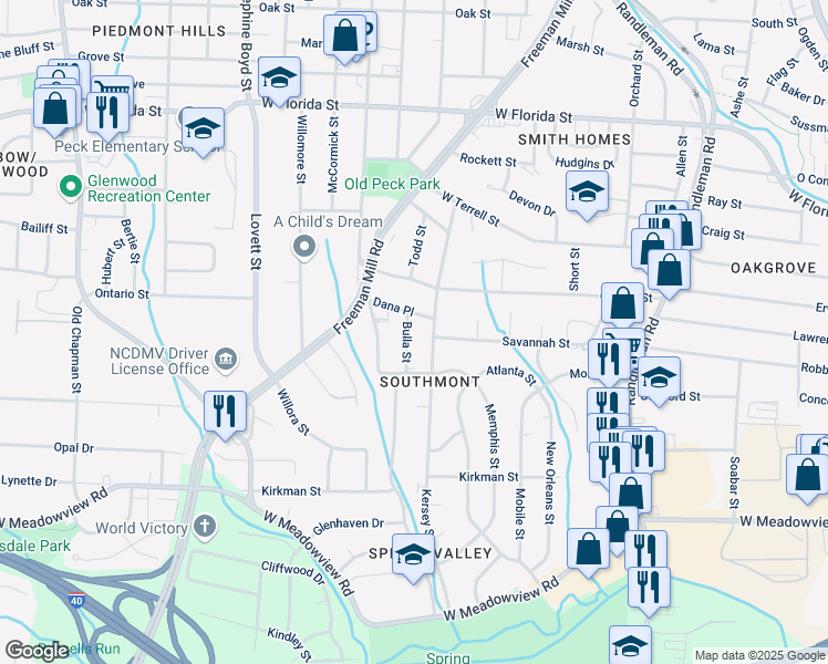 map of restaurants, bars, coffee shops, grocery stores, and more near 2105 Bulla Street in Greensboro