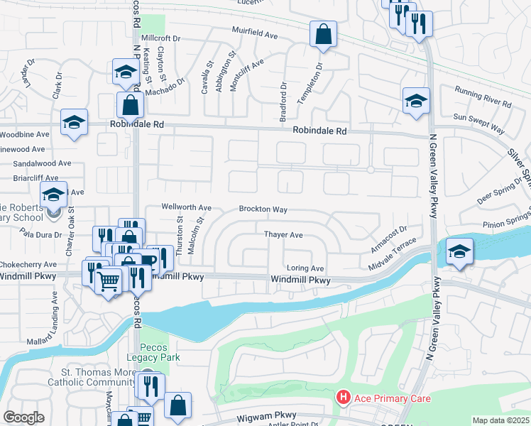 map of restaurants, bars, coffee shops, grocery stores, and more near 2365 Brockton Way in Henderson