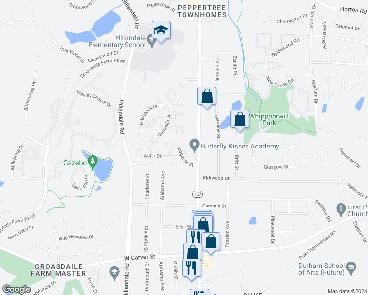 map of restaurants, bars, coffee shops, grocery stores, and more near 3648 Crystal Court in Durham