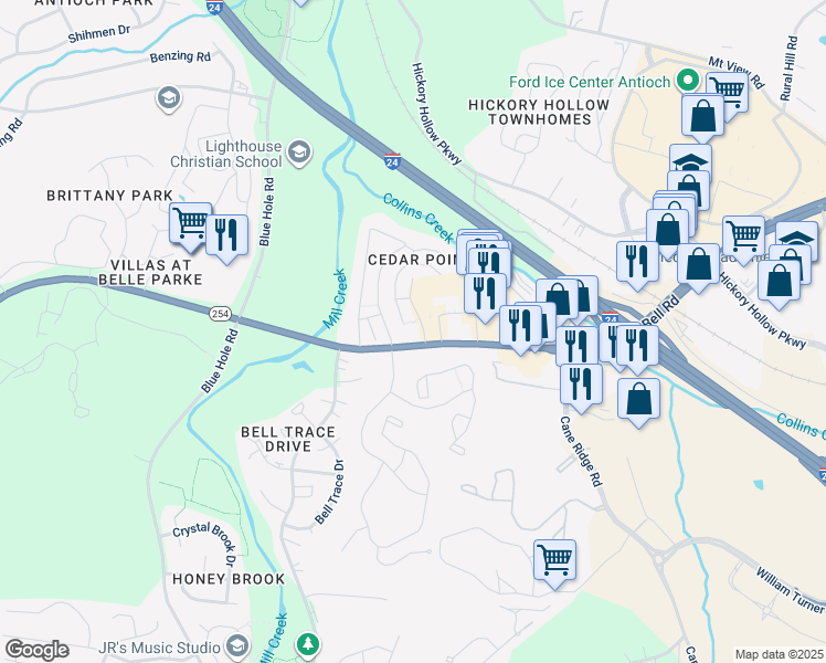 map of restaurants, bars, coffee shops, grocery stores, and more near 1157 Bell Road in Nashville