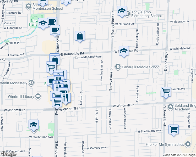 map of restaurants, bars, coffee shops, grocery stores, and more near 6586 Shadow Cove Avenue in Las Vegas