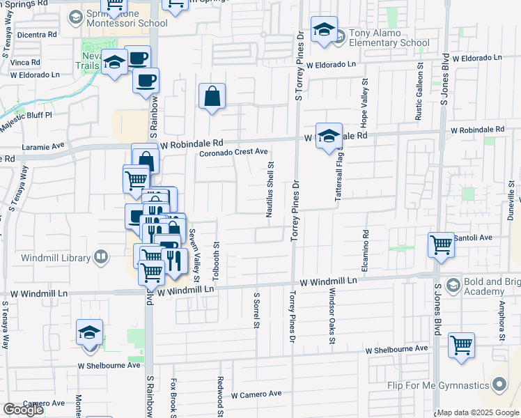 map of restaurants, bars, coffee shops, grocery stores, and more near 6586 Shadow Cove Avenue in Las Vegas