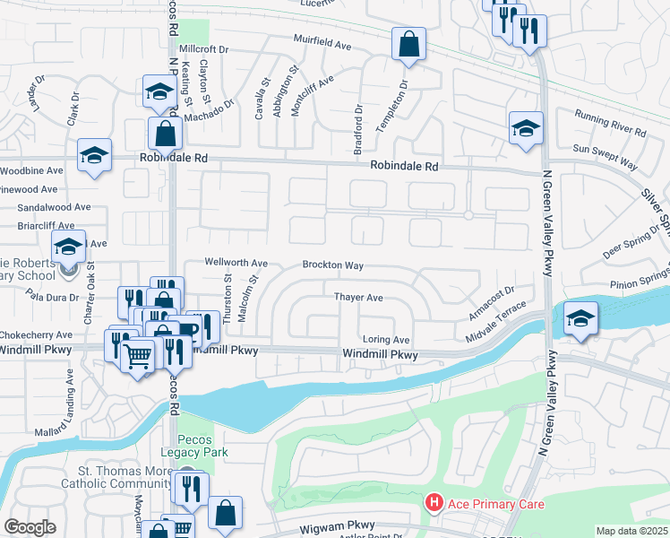 map of restaurants, bars, coffee shops, grocery stores, and more near 2365 Brockton Way in Henderson