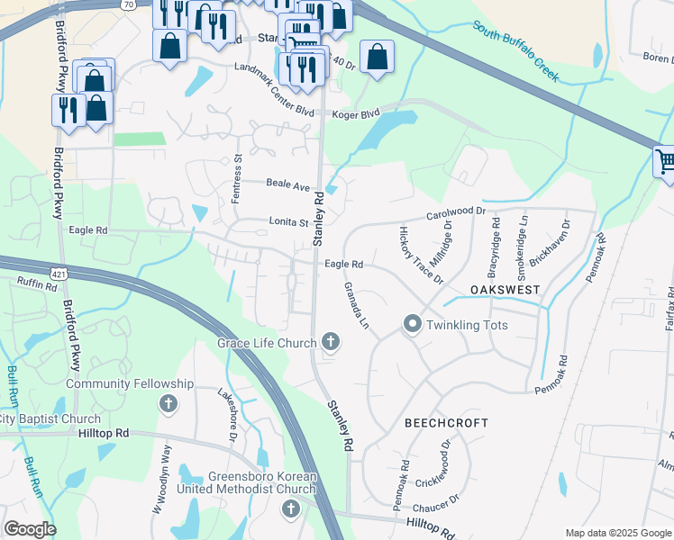 map of restaurants, bars, coffee shops, grocery stores, and more near 2205 Stanley Road in Greensboro