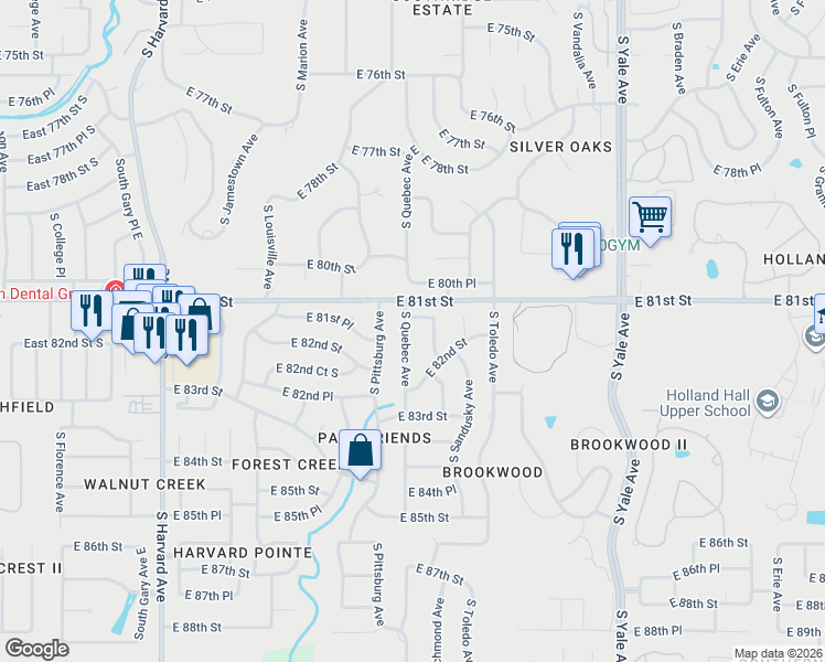 map of restaurants, bars, coffee shops, grocery stores, and more near 8124 South Richmond Avenue East in Tulsa