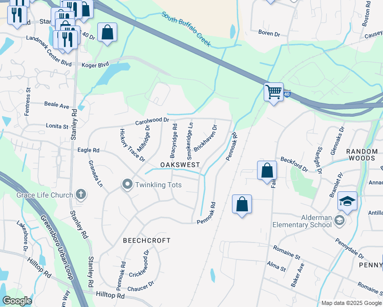 map of restaurants, bars, coffee shops, grocery stores, and more near 2101 Smokeridge Lane in Greensboro