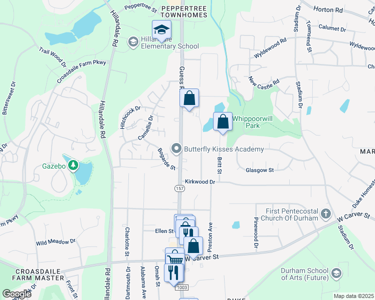 map of restaurants, bars, coffee shops, grocery stores, and more near 3630 Guess Rd in Durham