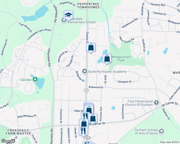 map of restaurants, bars, coffee shops, grocery stores, and more near 3630 Guess Rd in Durham