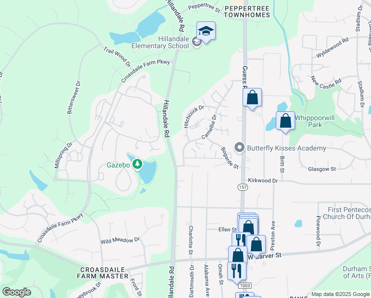 map of restaurants, bars, coffee shops, grocery stores, and more near 4 Aster Drive in Durham