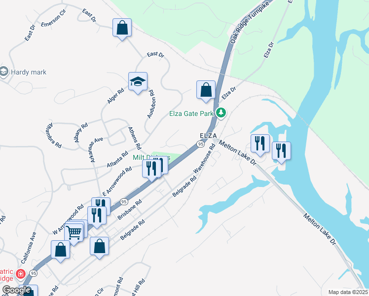 map of restaurants, bars, coffee shops, grocery stores, and more near 101 Arcadia Lane in Oak Ridge
