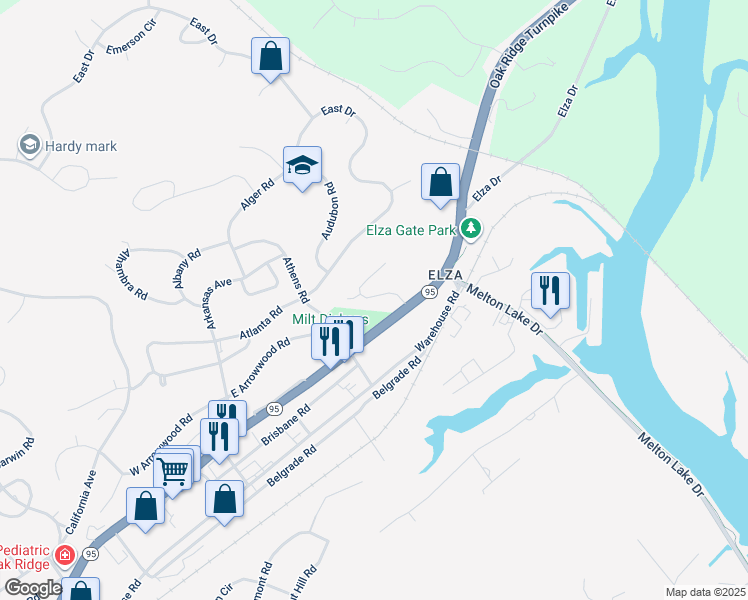 map of restaurants, bars, coffee shops, grocery stores, and more near 107 Arcadia Lane in Oak Ridge