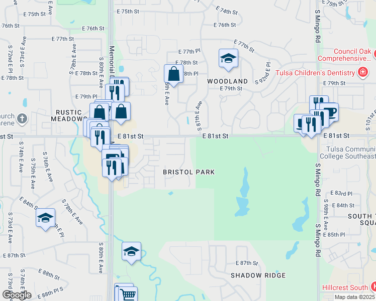 map of restaurants, bars, coffee shops, grocery stores, and more near 8536 East 82nd Street South in Tulsa
