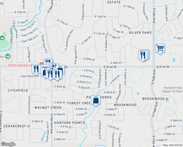 map of restaurants, bars, coffee shops, grocery stores, and more near 3776 East 81st Place in Tulsa
