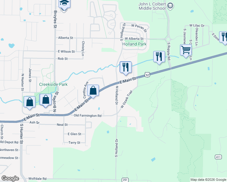 map of restaurants, bars, coffee shops, grocery stores, and more near 79 North Holland Drive in Farmington