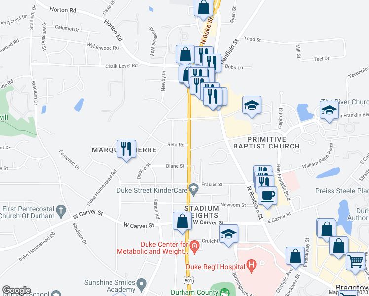 map of restaurants, bars, coffee shops, grocery stores, and more near 3317 North Duke Street in Durham