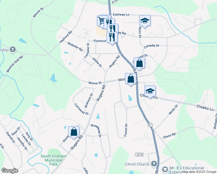 map of restaurants, bars, coffee shops, grocery stores, and more near 214 Moore Street in Graham