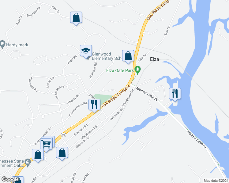 map of restaurants, bars, coffee shops, grocery stores, and more near 101 Arcadia Lane in Oak Ridge