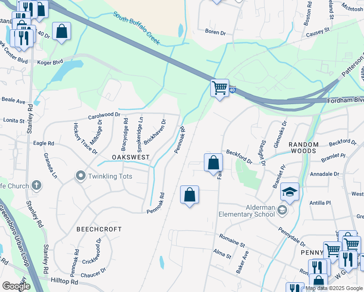map of restaurants, bars, coffee shops, grocery stores, and more near 4615 Pennoak Road in Greensboro