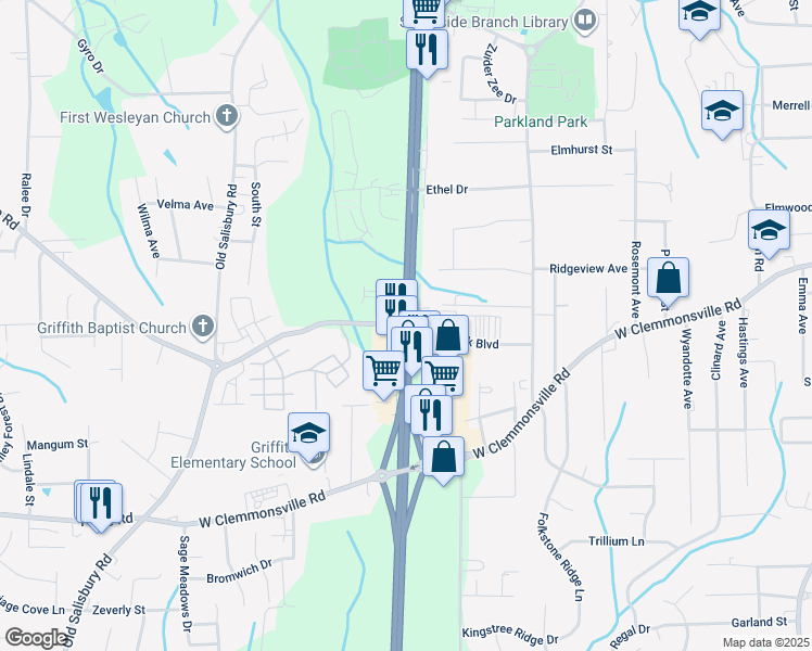 map of restaurants, bars, coffee shops, grocery stores, and more near Peters Creek Parkway in Winston-Salem