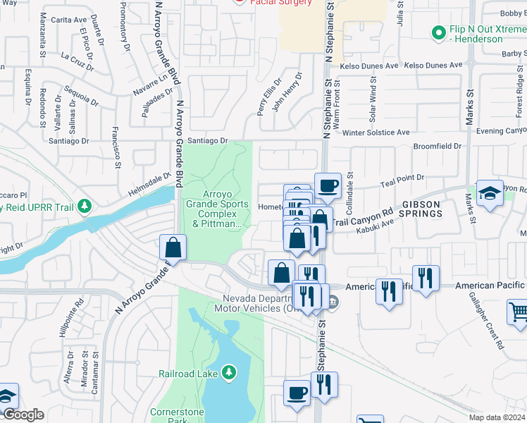 map of restaurants, bars, coffee shops, grocery stores, and more near 1439 Hometown Avenue in Henderson